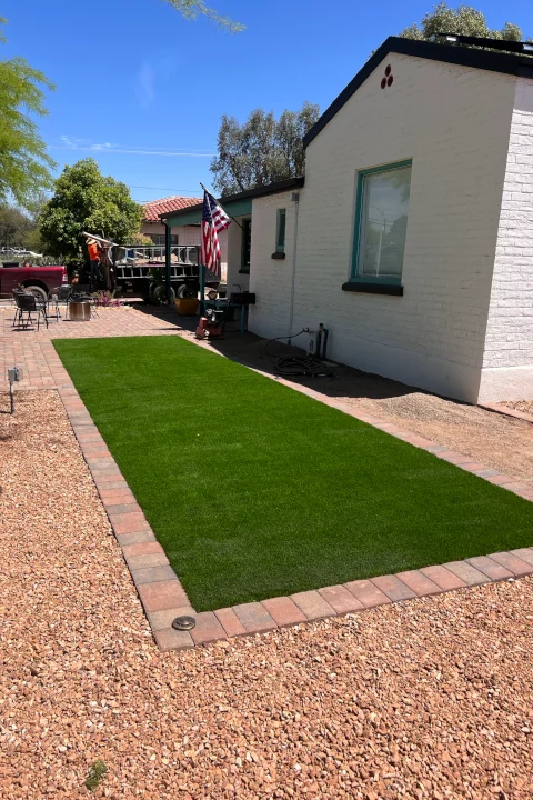 Rectangular artificial grass patch installed in Tucson backyard by Luis Landscapes