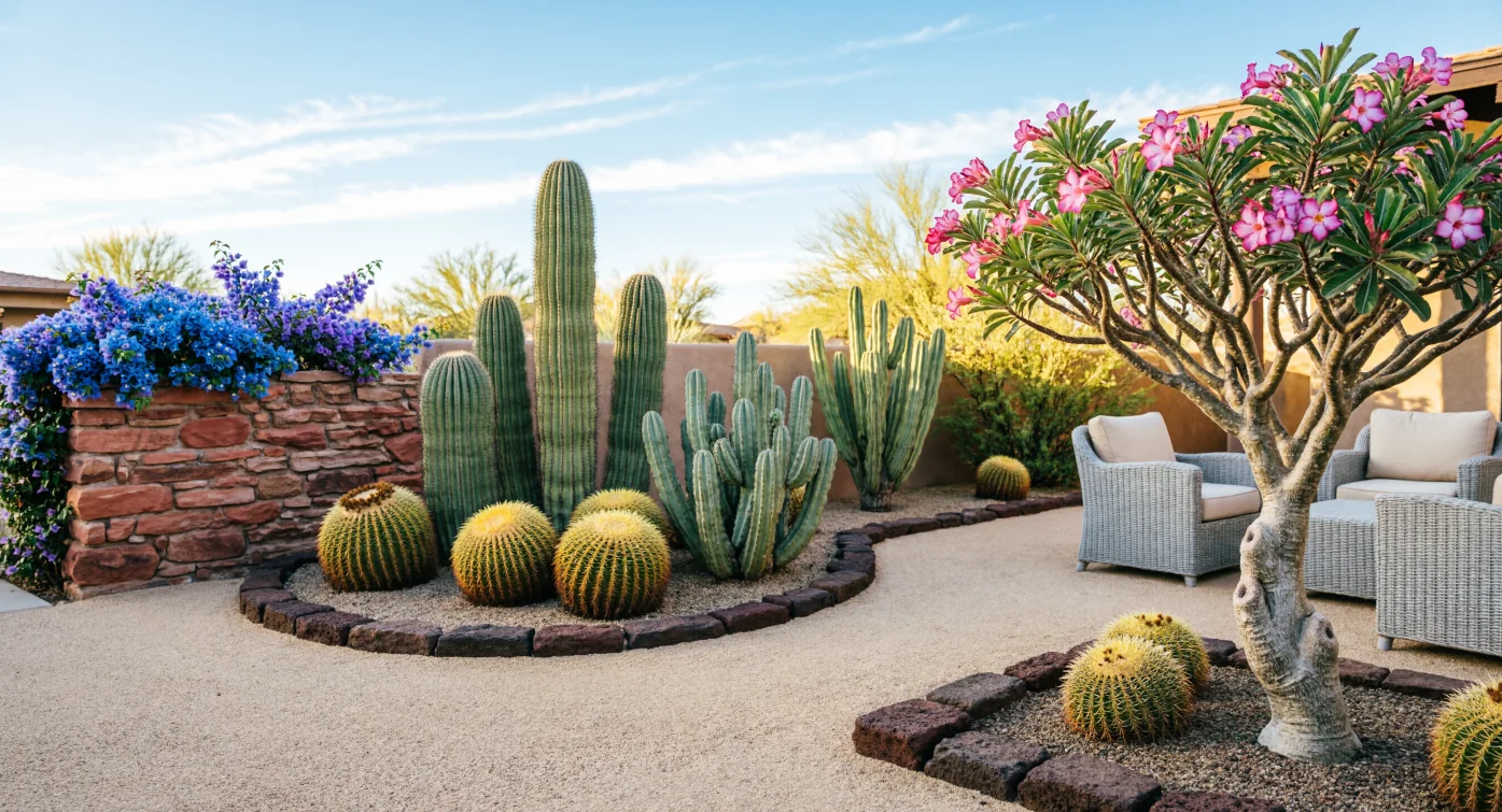 Complete yard clean up service in Tucson — cleared yard with trimmed trees and fresh landscaping